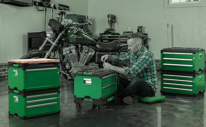 Modular Stackable Storage Toolbox by SK Tools USA in green with multiple compartments for organized storage