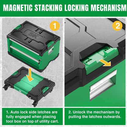 Modular Stackable Storage Toolbox by SK Tools USA, LLC in green and black with 2 drawers and magnetic stacking locking mechanism