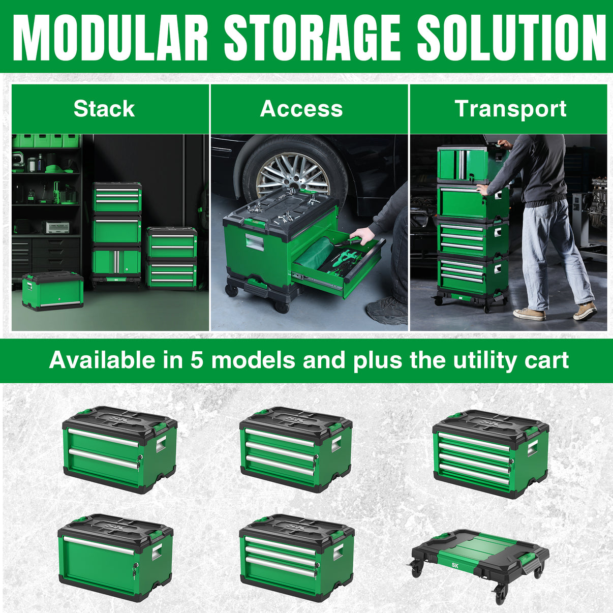 Green modular stackable storage toolbox with two drawers by SK Tools USA, designed for easy access and transport