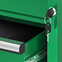 Green SK Tools USA modular stackable storage toolbox with three drawers and a key lock feature
