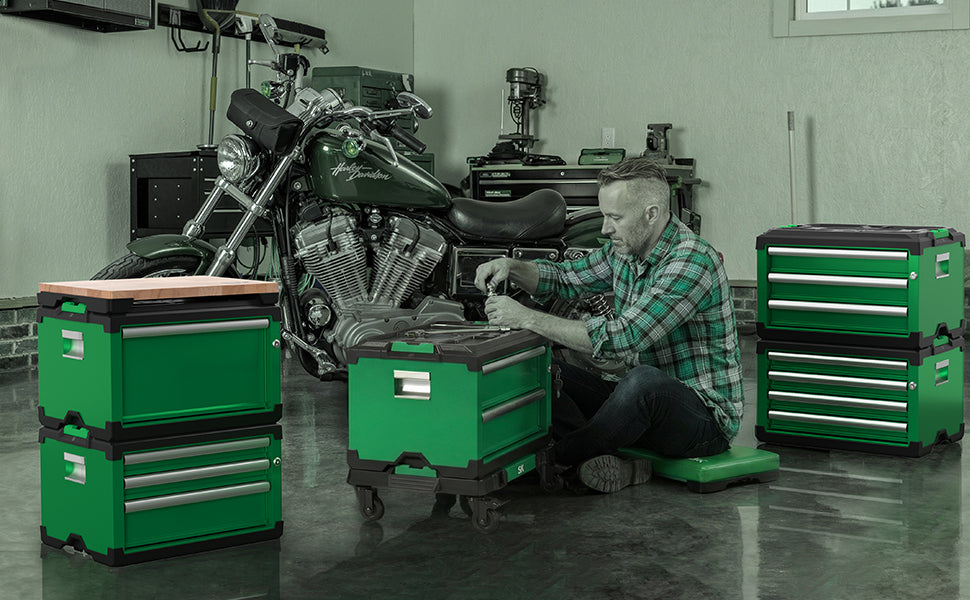Modular stackable storage toolbox by SK Tools USA, LLC in green with three drawers for organized storage.