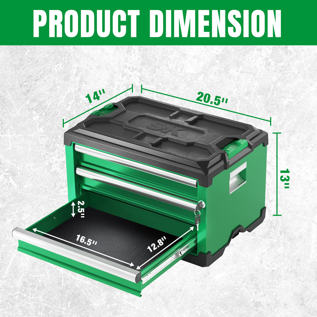 Green SK Tools USA Modular Stackable Storage Toolbox with 3 drawers and dimensions labeled on a textured background