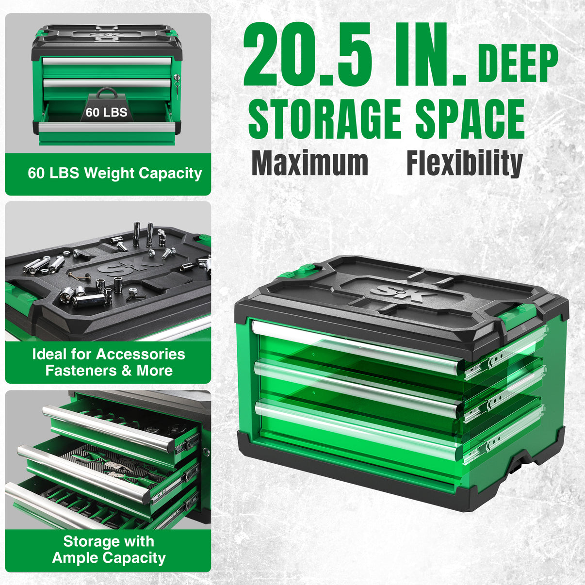 Modular stackable storage toolbox by SK Tools USA, LLC in green with three drawers and 60 lbs weight capacity