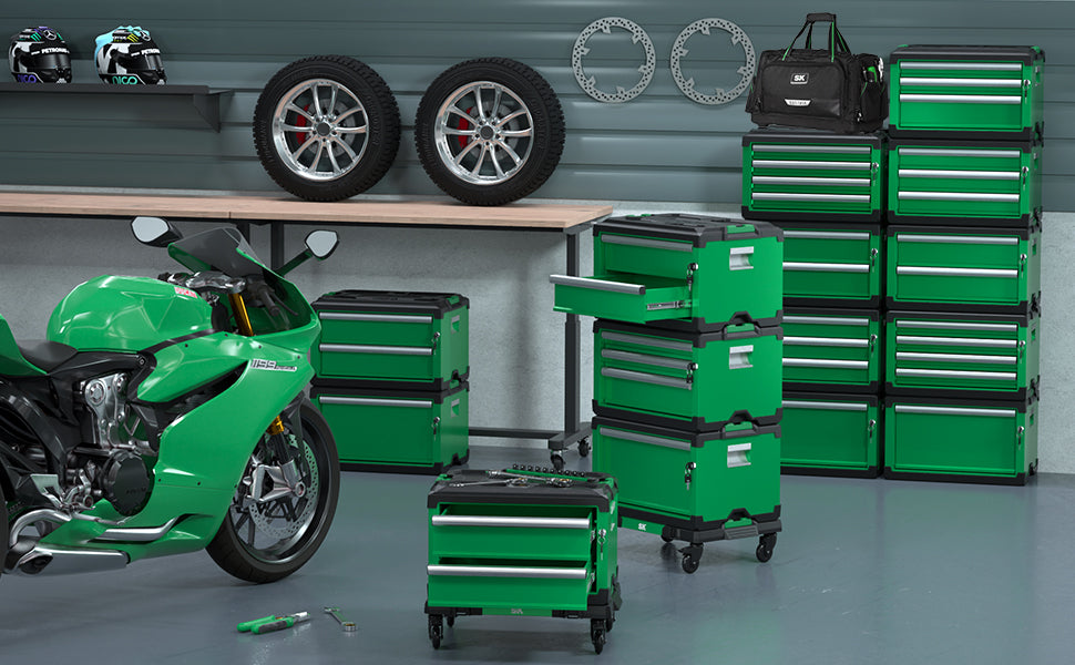 Modular Stackable Storage Toolbox by SK Tools USA, LLC in green with three drawers and rolling wheels