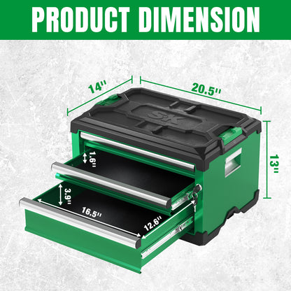 Modular Stackable Storage Toolbox by SK Tools USA, LLC, green with 3 drawers: 2 shallow and 1 deep.