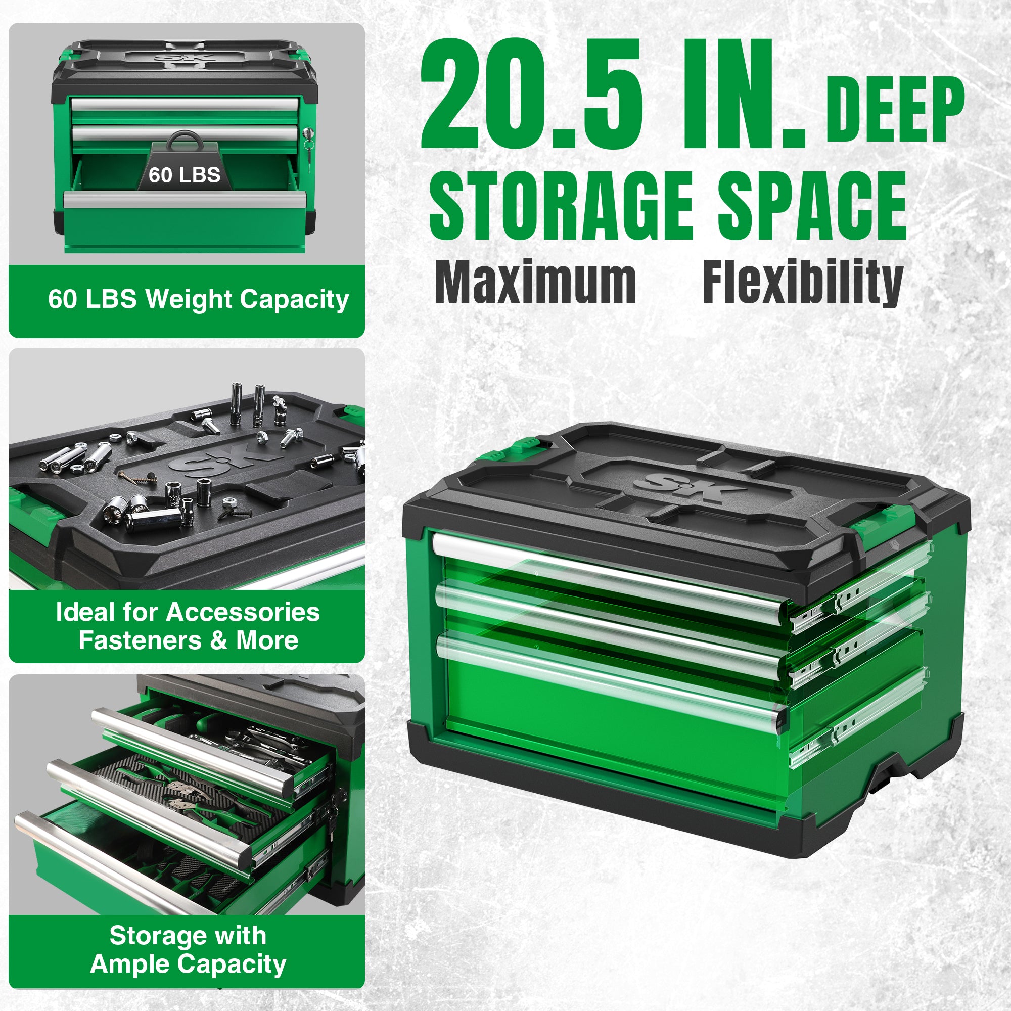 Modular Stackable Storage Toolbox by SK Tools USA, LLC in green with 3 drawers: 2 shallow and 1 deep
