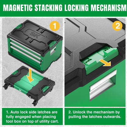 SK Tools USA modular stackable storage toolbox in green with 3 drawers: 2 shallow and 1 deep, featuring magnetic locking mechanism