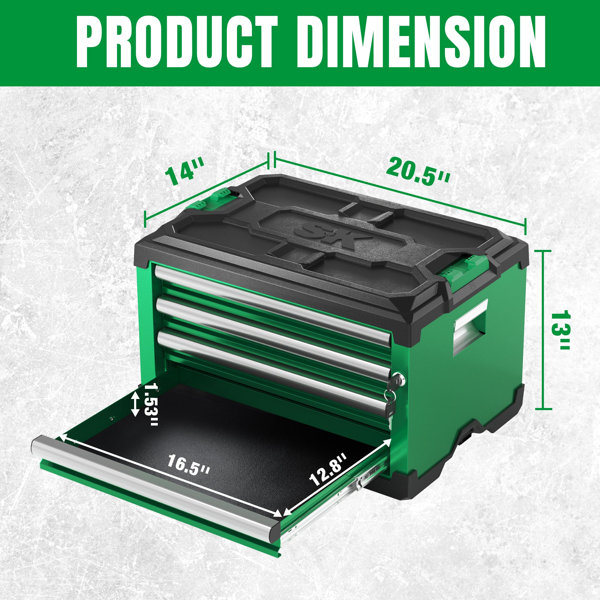Modular Stackable Storage Toolbox by SK Tools USA, LLC in green with four drawers and dimensions marked