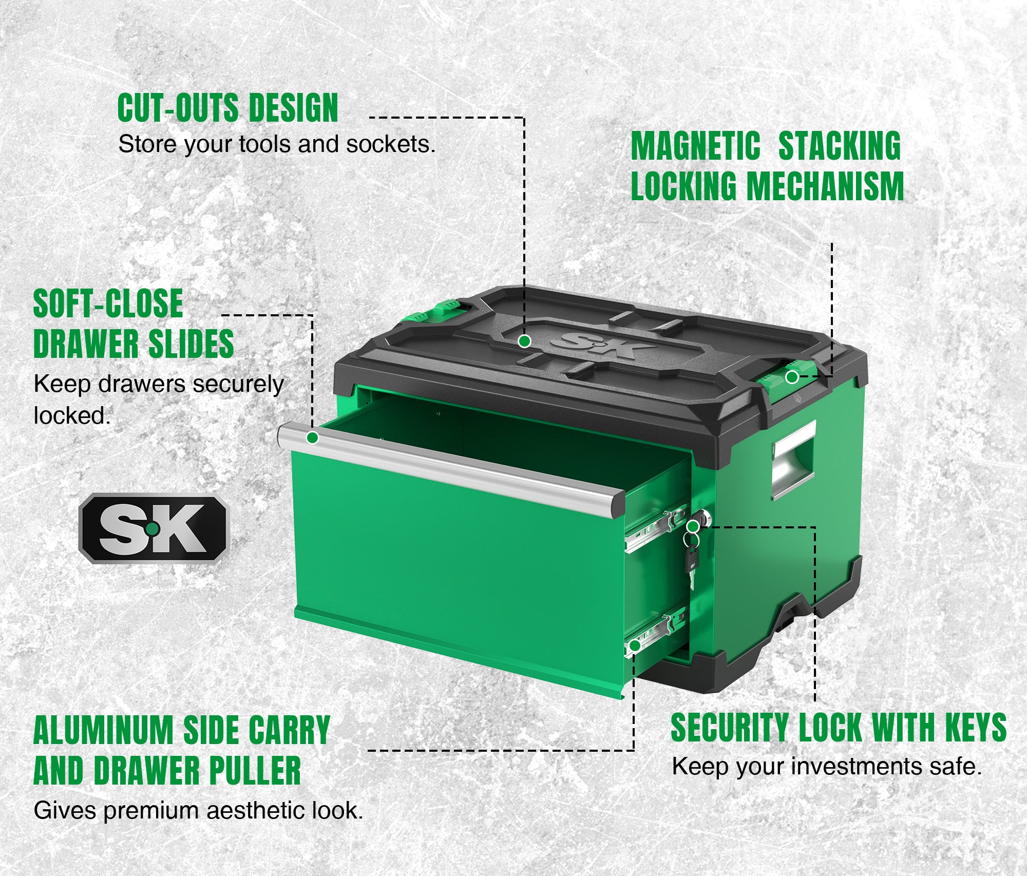 Modular Stackable Storage Toolbox by SK Tools USA, LLC in green with 4 drawers and magnetic locking mechanism