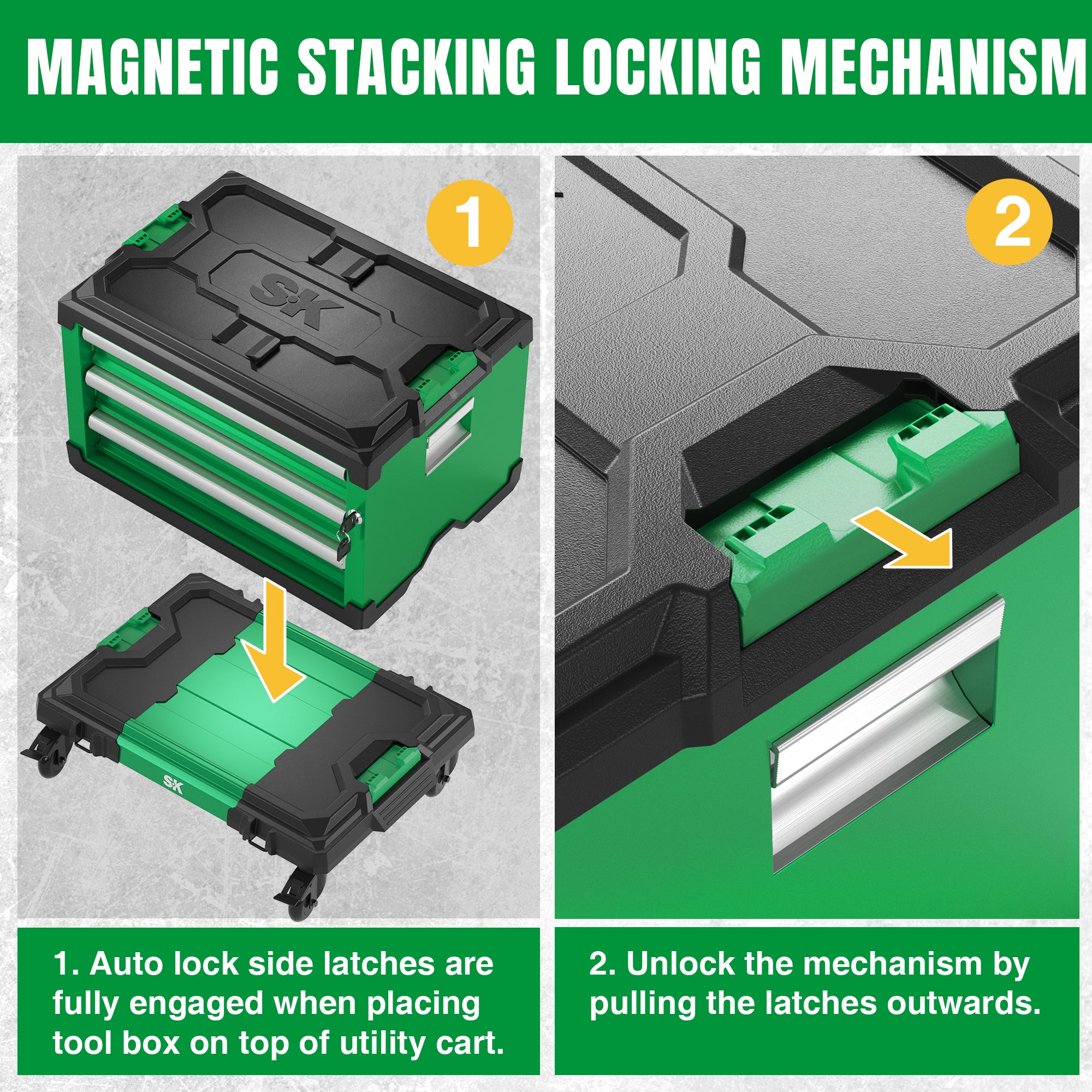 Green SK Tools USA Multi-Purpose Utility Cart with magnetic stacking locking mechanism and auto lock side latches
