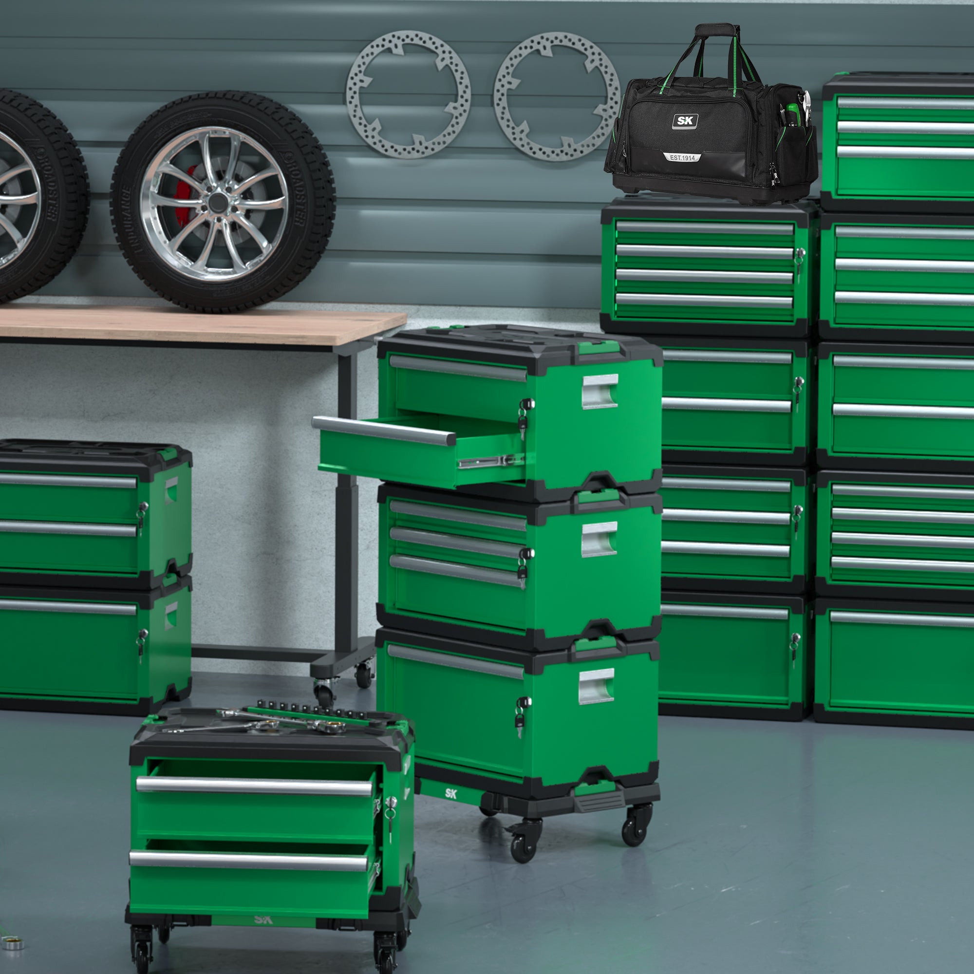 Green SK Tools USA, LLC multi-purpose utility cart with drawers and wheels for easy mobility in a workshop setting