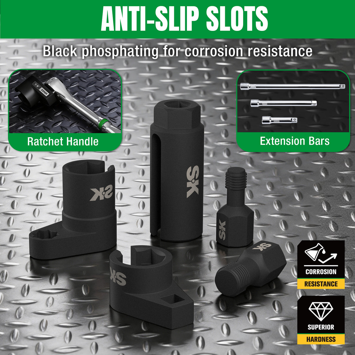5 Piece O2 Oxygen Sensor Socket Set by SK Tools USA in black with anti-slip slots for secure grip and corrosion resistance