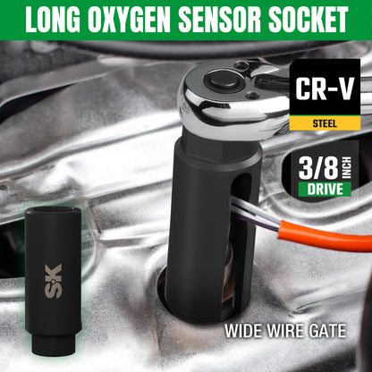 Long SK Tools USA oxygen sensor socket set in steel with 3/8 inch drive and wide wire gate feature