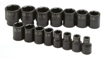 15 Piece 1/2" Drive 6 Pt Standard Fractional Impact Socket Set