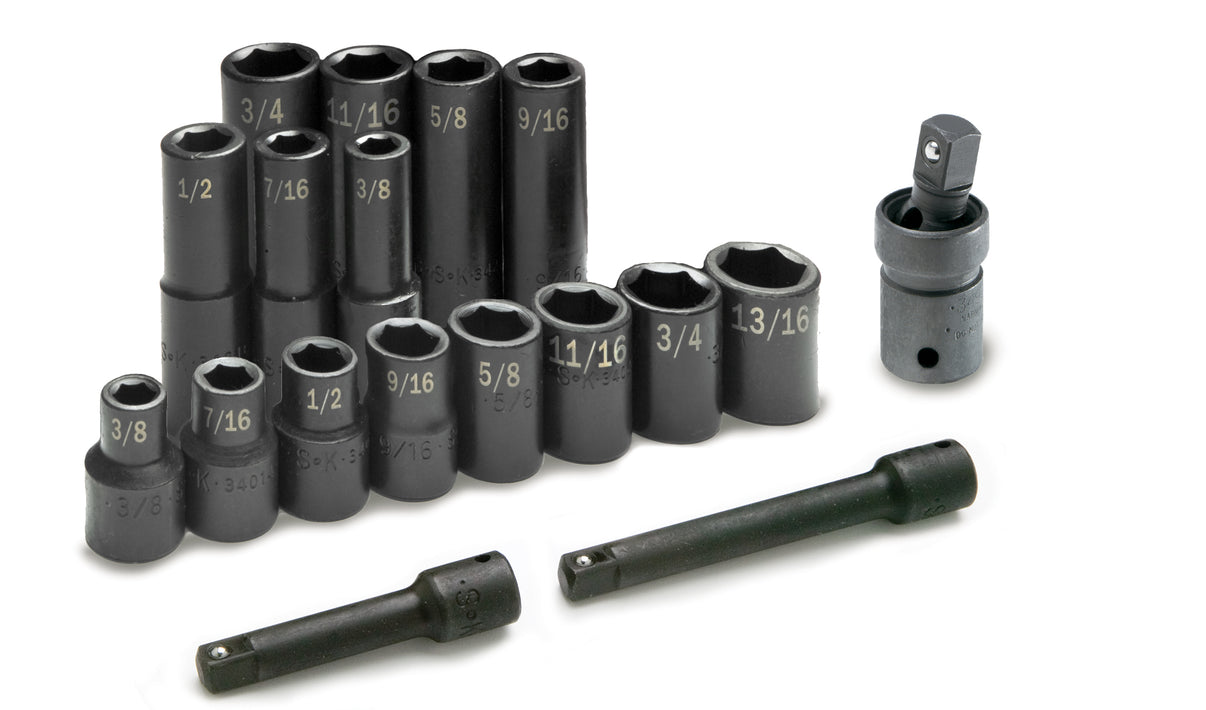 17 Piece 1/2" Drive 6 Pt SAE Std and Deep Impact Socket Set